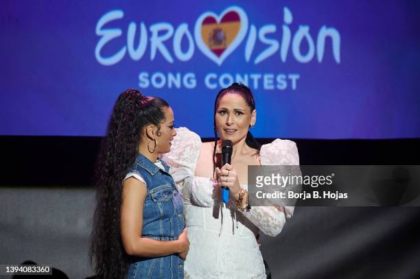 Chanel and Rosa Lopez performs on stage before leaving for Eurovision 2022 at Callao Cinema on April 27, 2022 in Madrid, Spain.