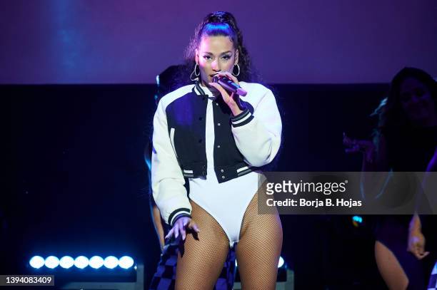 Singer Chanel performs on stage before leaving for Eurovision 2022 at Callao Cinema on April 27, 2022 in Madrid, Spain.