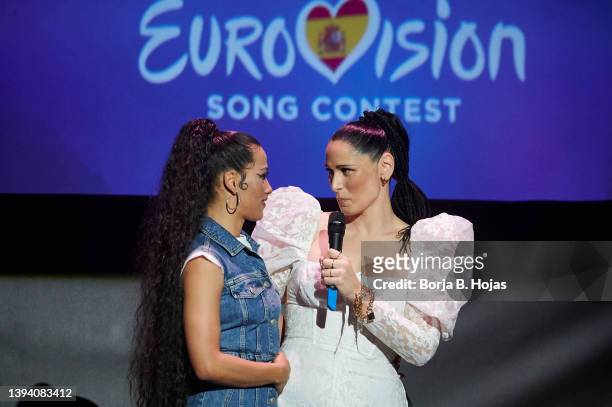 Chanel and Rosa Lopez performs on stage before leaving for Eurovision 2022 at Callao Cinema on April 27, 2022 in Madrid, Spain.