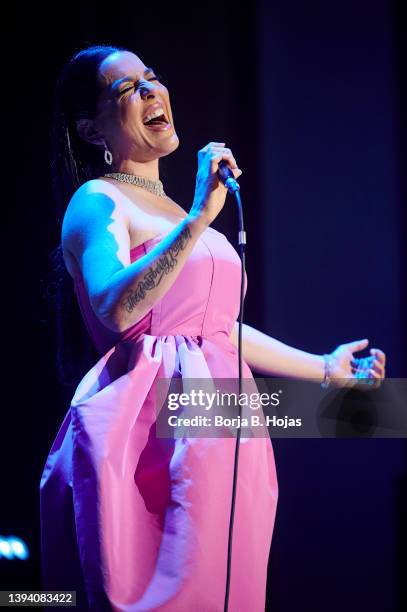 Singer Ruth Lorenzo performs on stage at Callao Cinema on April 27, 2022 in Madrid, Spain.