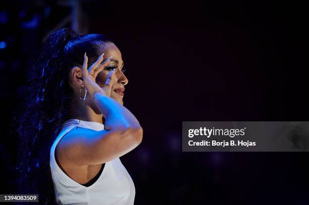 Singer Chanel performs on stage before leaving for Eurovision 2022 at Callao Cinema on April 27, 2022 in Madrid, Spain.