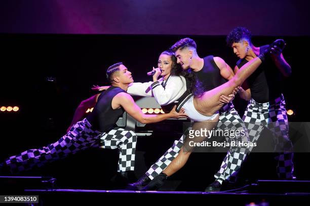 Singer Chanel performs on stage before leaving for Eurovision 2022 at Callao Cinema on April 27, 2022 in Madrid, Spain.