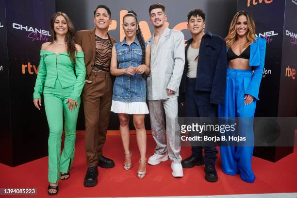 Singer Chanel with her dancing teamm attends to photocall after her concert at Callao Cinema on April 27, 2022 in Madrid, Spain.