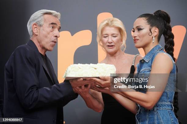 Imanol Arias, Ana Duato and Chanel Terrero attends to the 'Cuentame Como Paso' photocall at Callao Cinema on April 27, 2022 in Madrid, Spain.