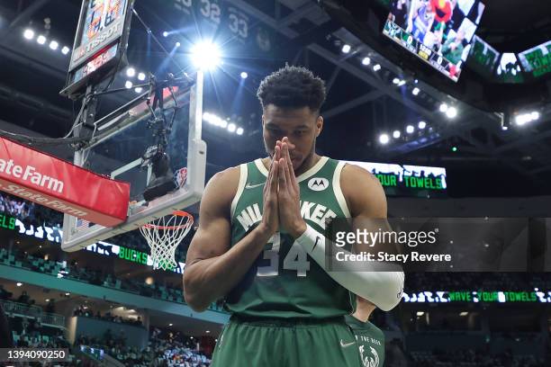 Giannis Antetokounmpo of the Milwaukee Bucks walks to the baseline prior to Game Five of the Eastern Conference First Round Playoffs against the...