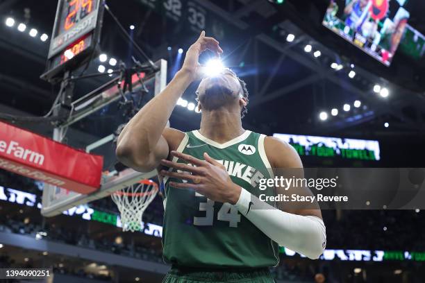 Giannis Antetokounmpo of the Milwaukee Bucks walks to the baseline prior to Game Five of the Eastern Conference First Round Playoffs against the...