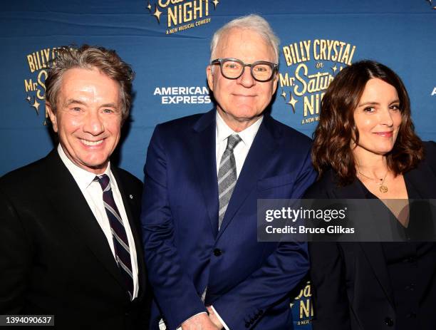 Martin Short, Steve Martin and Tina Fey pose at the opening night of the new musical based on the 1992 film "Mr. Saturday Night" on Broadway at The...