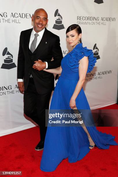 Harvey Mason jr., CEO, Recording Academy, and Sofia Carson attend the GRAMMYs On The Hill Awards Dinner at The Hamilton on April 27, 2022 in...