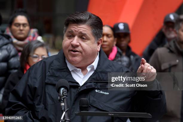 Illinois Gov. J.B. Pritzker speaks during a transgender support rally at Federal Building Plaza on April 27, 2022 in Chicago, Illinois. Pritzker, a...