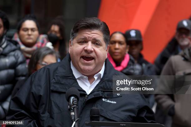 Illinois Gov. J.B. Pritzker speaks during a transgender support rally at Federal Building Plaza on April 27, 2022 in Chicago, Illinois. Pritzker, a...