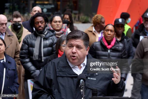 Illinois Gov. J.B. Pritzker speaks during a transgender support rally at Federal Building Plaza on April 27, 2022 in Chicago, Illinois. Pritzker, a...