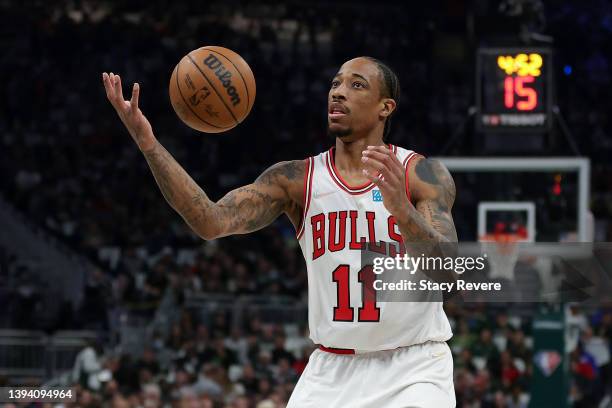 DeMar DeRozan of the Chicago Bulls loses control of the ball in the second quarter during Game Five of the Eastern Conference First Round Playoffs...