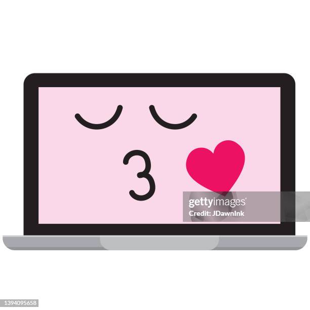 ilustrações de stock, clip art, desenhos animados e ícones de cute social media emoji on a computer laptop screen blowing a kiss on on white background - blowing a kiss