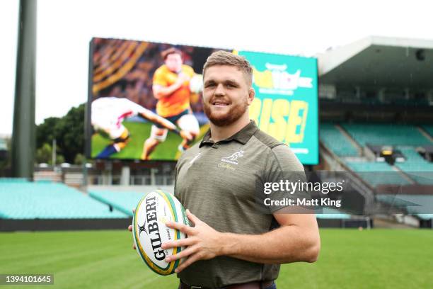 Wallabies player Lachlan Swinton poses during the Wallabies vs England Series media announcement at the Sydney Cricket Ground on April 28, 2022 in...