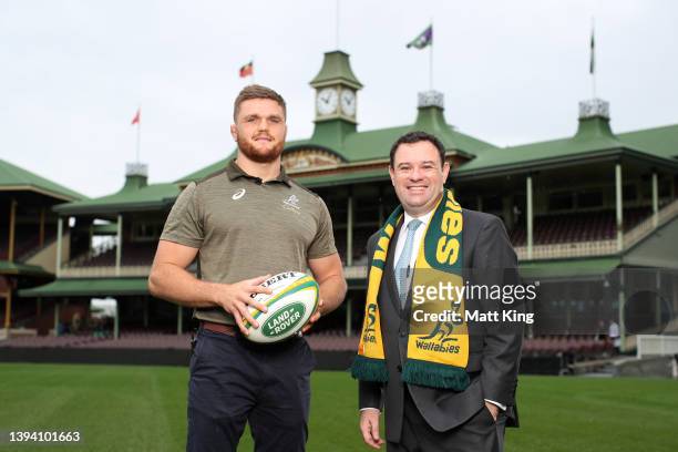 Wallabies player Lachlan Swinton and NSW Minister for Tourism and Sport Stuart Ayers pose during the Wallabies vs England Series media announcement...