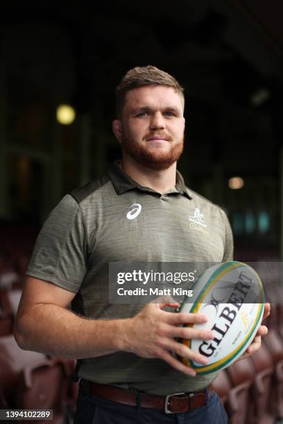 Wallabies player Lachlan Swinton poses during the Wallabies vs England Series media announcement at the Sydney Cricket Ground on April 28, 2022 in...