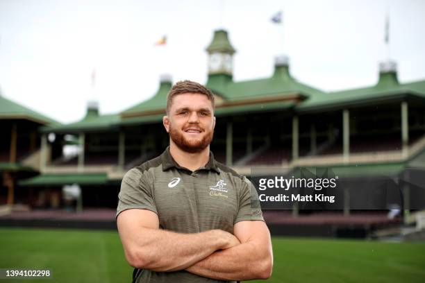 Wallabies player Lachlan Swinton poses during the Wallabies vs England Series media announcement at the Sydney Cricket Ground on April 28, 2022 in...