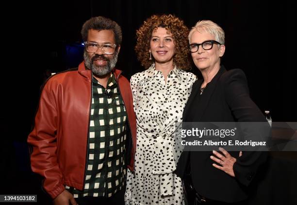Jordan Peele, Donna Langley, Chairman, Filmed Entertainment Group and Jamie Lee Curtis attend CinemaCon 2022 - Universal Pictures and Focus Features...