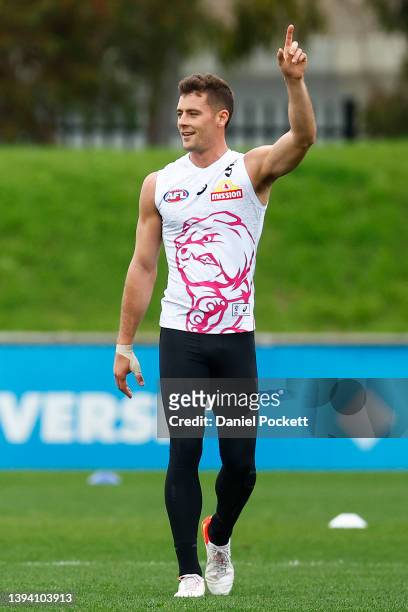 Josh Dunkley of the Bulldogs gestures during a Western Bulldogs AFL training session at Whitten Oval on April 28, 2022 in Melbourne, Australia.