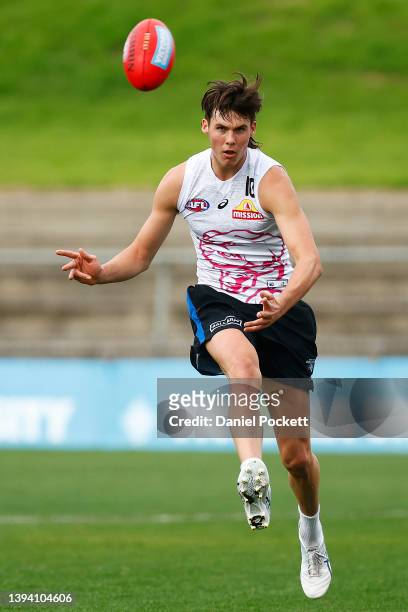 Sam Darcy of the Bulldogs in action during a Western Bulldogs AFL training session at Whitten Oval on April 28, 2022 in Melbourne, Australia.