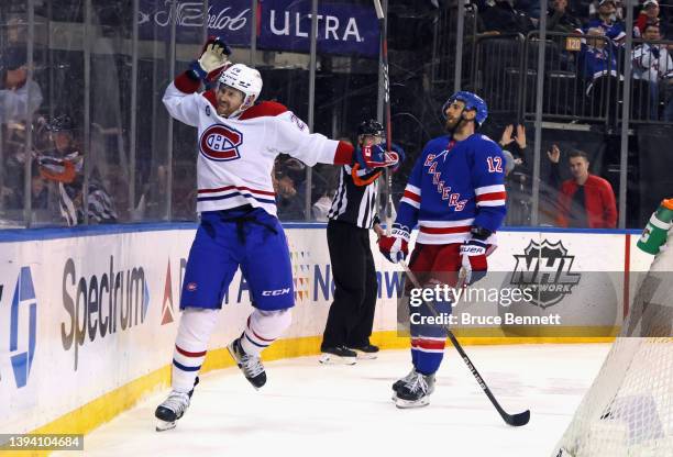 Jeff Petry of the Montreal Canadiens celebrates his game winning goal at 19:29 of the third period against the New York Rangers at Madison Square...