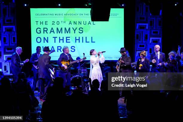 Rep. Steny Hoyer, Camilo Landau, Jimmy Jam, Rep. Michael McCaul, Sofia Carson, Terry Lewis, Amy Klobuchar, and Rep. Ted Deutch onstage during the...