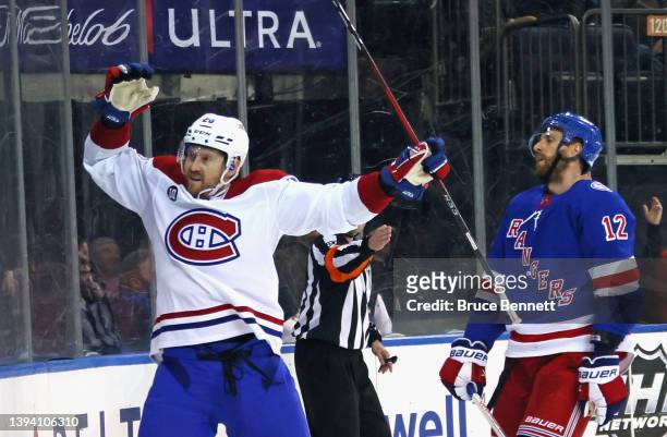Jeff Petry of the Montreal Canadiens celebrates his game winning goal at 19:29 of the third period against the New York Rangers at Madison Square...