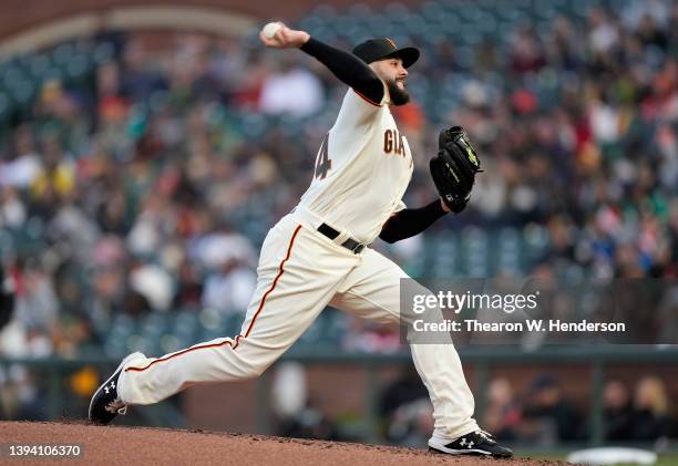 Jakob Junis of the San Francisco Giants pitches against the Oakland Athletics in the top of the second inning at Oracle Park on April 27, 2022 in San...