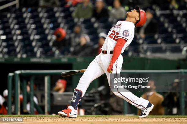 Juan Soto of the Washington Nationals reacts after hitting a pop fly in the eighth inning against the Miami Marlins at Nationals Park on April 27,...