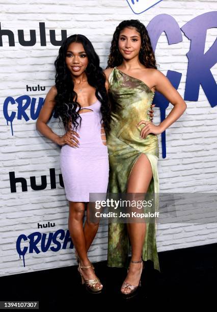 Teala Dunn and Isabella Ferreira attend the Los Angeles premiere of Hulu's Original Film "Crush" at NeueHouse Los Angeles on April 27, 2022 in...