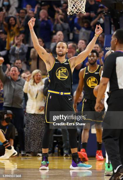 Stephen Curry of the Golden State Warriors reacts during the first half of Game Five of the Western Conference First Round NBA Playoffs against the...