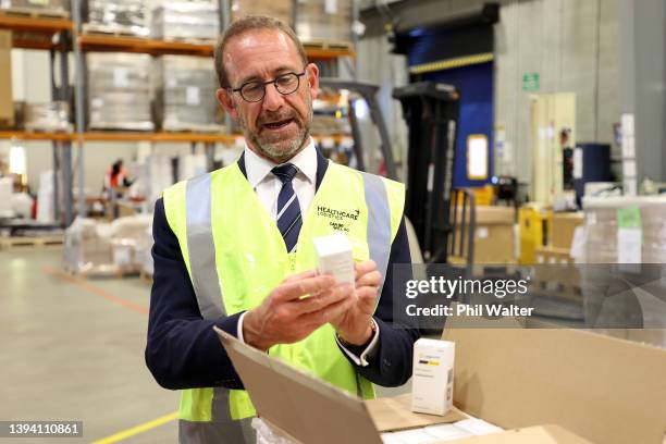 Health Minister Andrew Little inspects the first batch of Covid-19 anti-viral treatment, Labevrio, at Health Care Logistics on April 28, 2022 in...