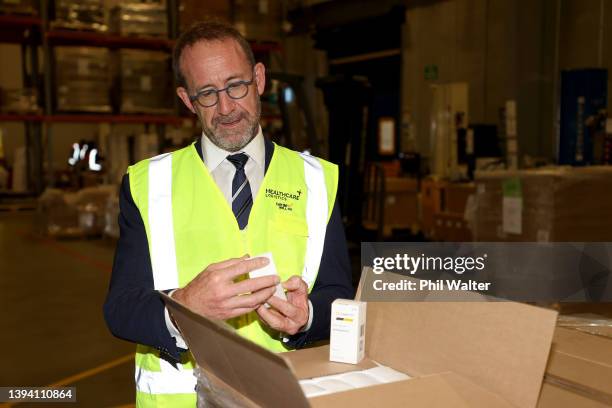 Health Minister Andrew Little inspects the first batch of Covid-19 anti-viral treatment, Labevrio, at Health Care Logistics on April 28, 2022 in...