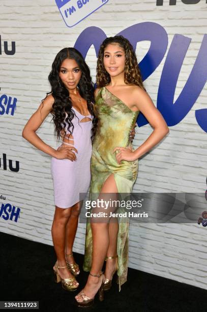 Teala Dunn and Isabella Ferreira attend the Los Angeles premiere of Hulu's Original Film "Crush" at NeueHouse Los Angeles on April 27, 2022 in...