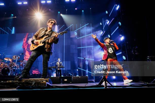 Neal Schon and Arnel Pineda of Journey perform at Bridgestone Arena on April 27, 2022 in Nashville, Tennessee.