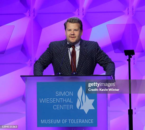 James Corden speaks onstage during the Simon Wiesenthal Center National Tribute Dinner at The Beverly Hilton on April 27, 2022 in Beverly Hills,...