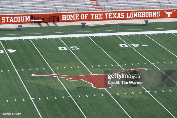 General view of the midfield logo before the Orange-White Spring Game at Darrell K Royal-Texas Memorial Stadium on April 23, 2022 in Austin, Texas.