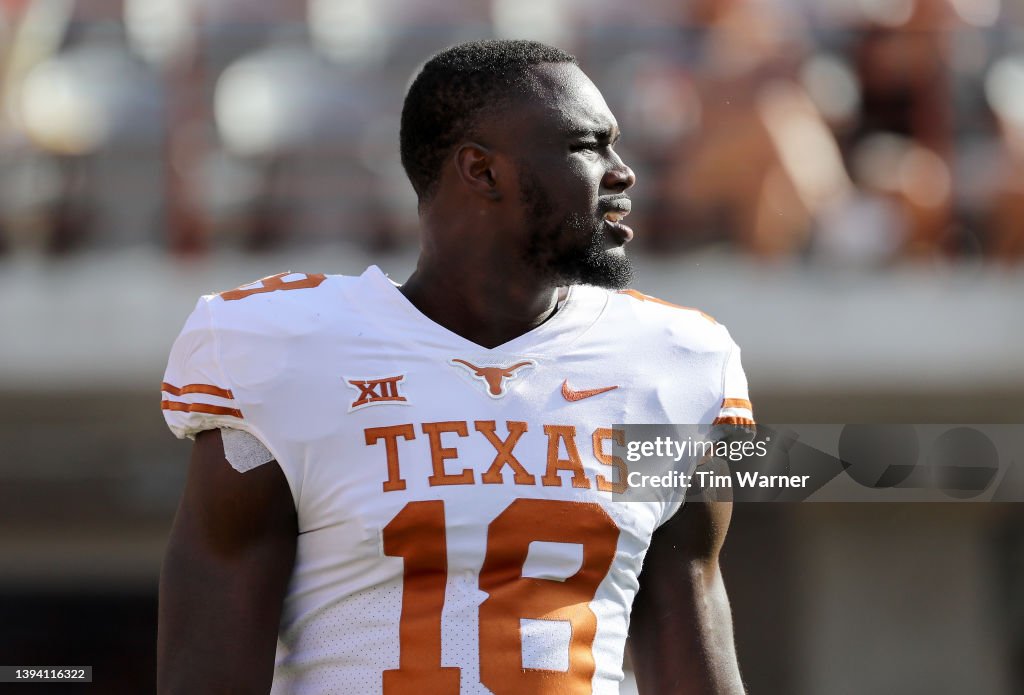 Texas Spring Game Ovie Oghoufo of Texas Longhorns stands on the field before the... News ...