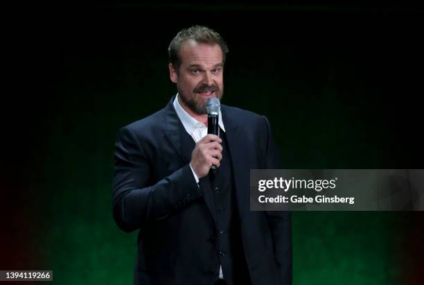Actor David Harbour speaks about his upcoming movie "Violent Night" during Universal Pictures and Focus Features special presentation at Caesars...