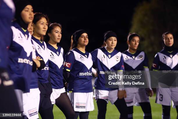 Melbourne Victory Afghan Women’s Team have a team meeting during a Melbourne Victory Afghan Women's Team Training Session at Robert Barrett Reserve...