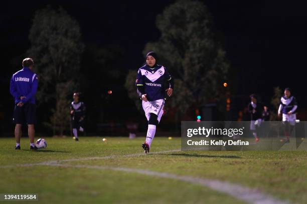 Adiba of the Melbourne Victory Afghan Women’s Team runs during a Melbourne Victory Afghan Women's Team Training Session at Robert Barrett Reserve on...