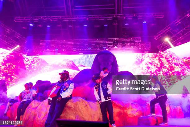 Rappers Kevin Abstract, Russell "Joba" Boring, Jabari Manwa and Merlyn Wood of BROCKHAMPTON perform onstage during Weekend 2, Day 2 of the 2022...