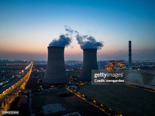 aerial view of thermal power generation - 褐炭 ストックフォトと画像