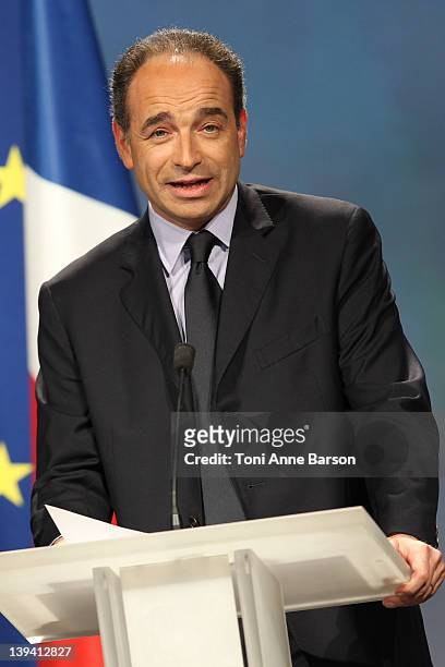 President of the UMP Jean-Francois Cope speaks during the UMP presidential support meeting on February 19, 2012 in Marseille, France. Sarkozy, the...