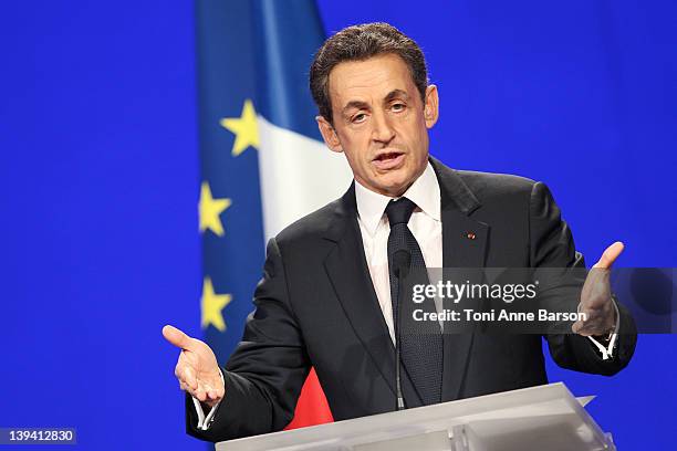 French President Nicolas Sarkozy speaks during the UMP presidential support meeting on February 19, 2012 in Marseille, France. Sarkozy, the UMP...