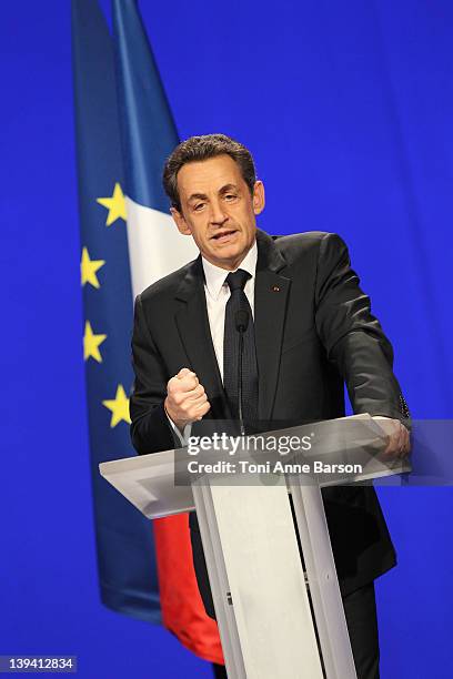 French President Nicolas Sarkozy speaks during the UMP presidential support meeting on February 19, 2012 in Marseille, France. Sarkozy, the UMP...