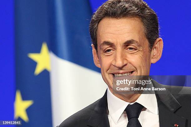 French President Nicolas Sarkozy speaks during the UMP presidential support meeting on February 19, 2012 in Marseille, France. Sarkozy, the UMP...