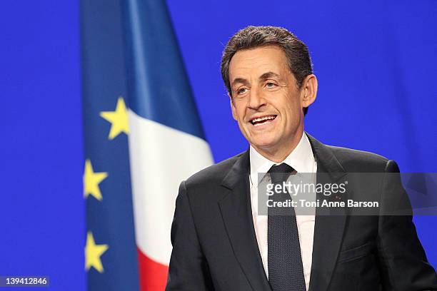 French President Nicolas Sarkozy speaks during the UMP presidential support meeting on February 19, 2012 in Marseille, France. Sarkozy, the UMP...