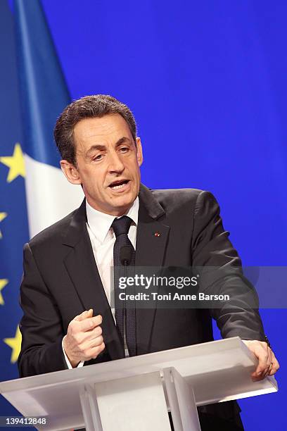 French President Nicolas Sarkozy speaks during the UMP presidential support meeting on February 19, 2012 in Marseille, France. Sarkozy, the UMP...