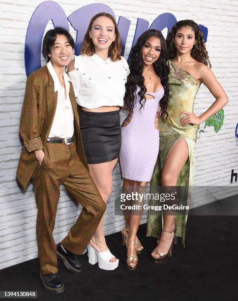 Jes Tom, Addie Weyrich, Teala Dunn and Isabella Ferreira attend the Los Angeles premiere of Hulu's original film "Crush" at NeueHouse Los Angeles on...